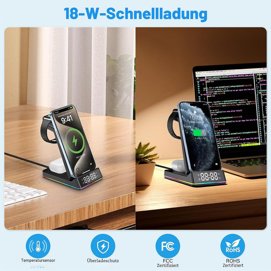 5 in 1 Ladestation Apple Watch und iPhone, Wireless Charger Induktive Ladestation iPhone mit Uhr LED