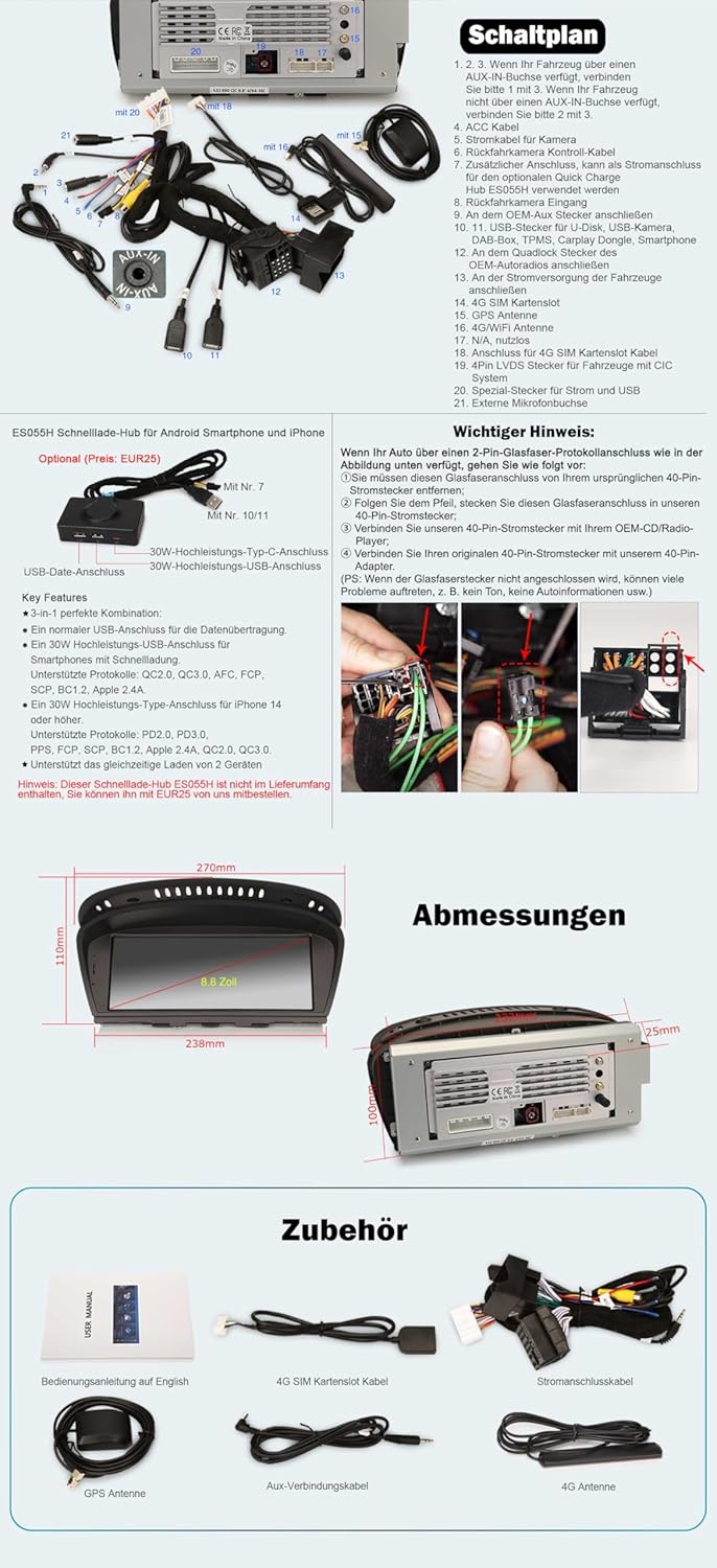 Erisin Qualcomm 8-Kern 8GB+128GB Android 14 Autoradio Bluetooth mit GPS Navi für BMW 3er E90 E91 E92