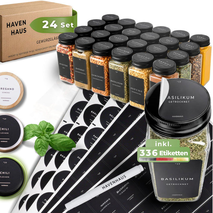 Gewürzgläser Set schwarz | 24 Gewürz Organizer inkl. 336 deutschen Gewürzetiketten | Gewürzgläser ec