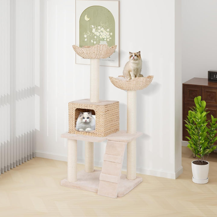 COSTWAY Kratzbaum mit Katzenhöhle, 122 cm, Katzenbaum mit 2 Sitzstangen und Kissen & Höhle aus Rohrk