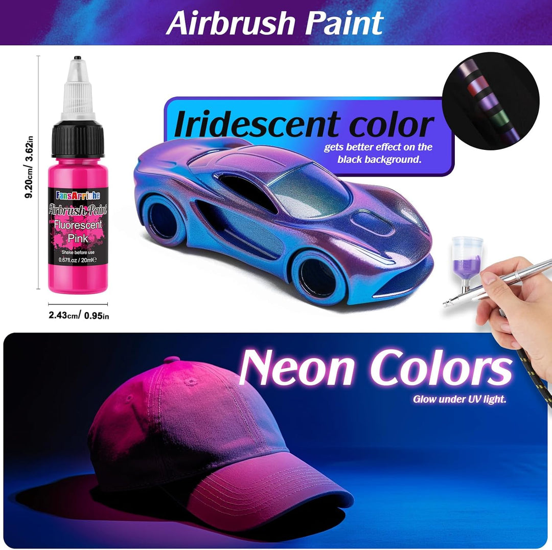 FansArriche Airbrush Farbe, 44 Farben+6 Verdünner, Acryl-Luftpinsel-Set, blickdichte und neon Farben