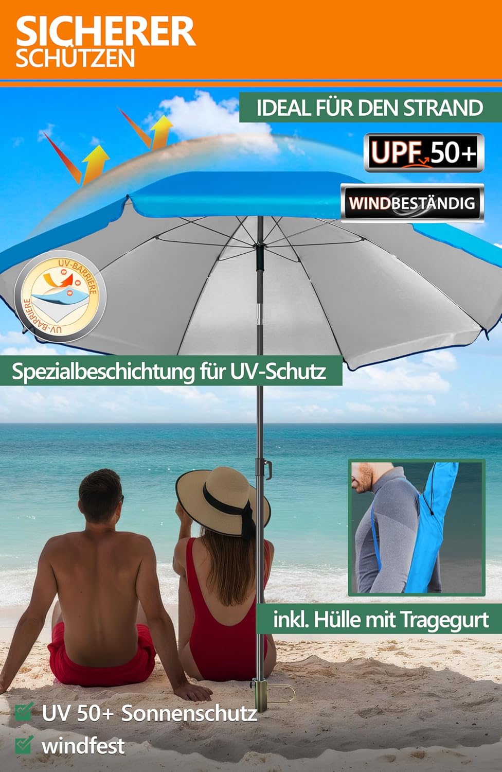 4smile SunnyJoy Sonnenschirm Strand 180 cm, 3er Set - Strandschirm windfest stabil in Himmelblau, in