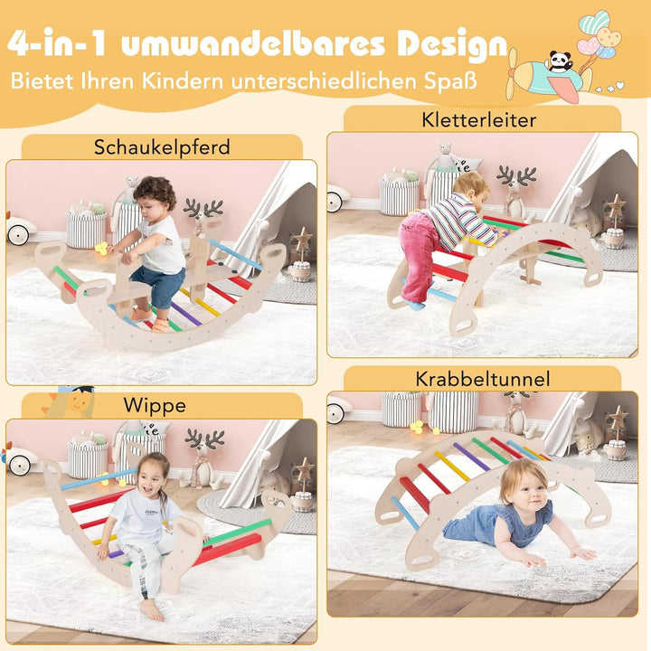 GOPLUS Kletterbogen Indoor, 4 in 1 Schaukelpferdbogen, Kletterleiter, Schaukelbogen & Krabbeltunnel