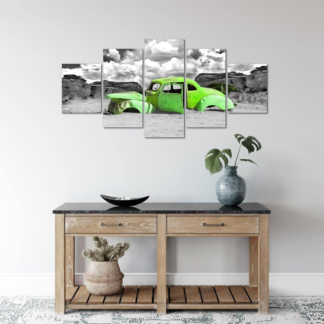 Runa Art Wandbilder Auto Oldtimer 5 Teilig Bild auf Vlies Leinwand Deko Wohnzimmer Vintage Grün Grau