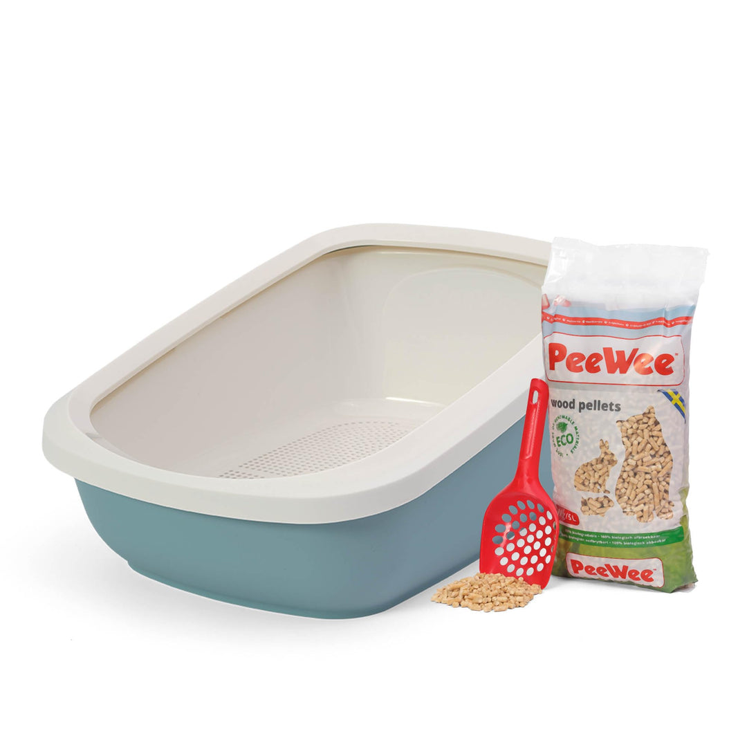 Katzentoilette PeeWee EcoGranda Katzenklo Schale offen Katzen WC inkl. 3kg Streu, Farbe: Taubenblau-