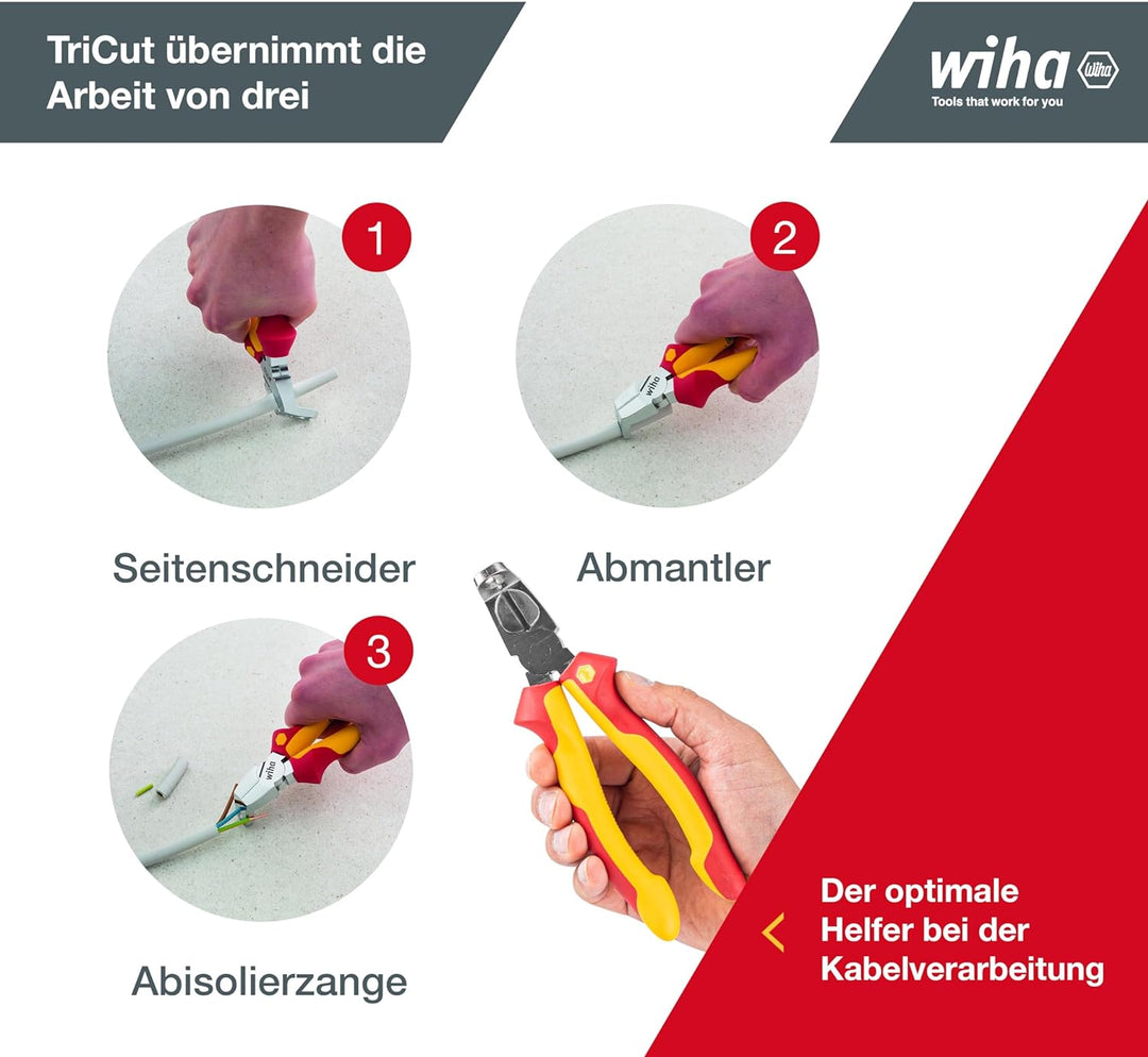 Wiha Installationszange TriCut electric VDE (38552), Seitenschneider + Abisolierzange + Abmanteln |
