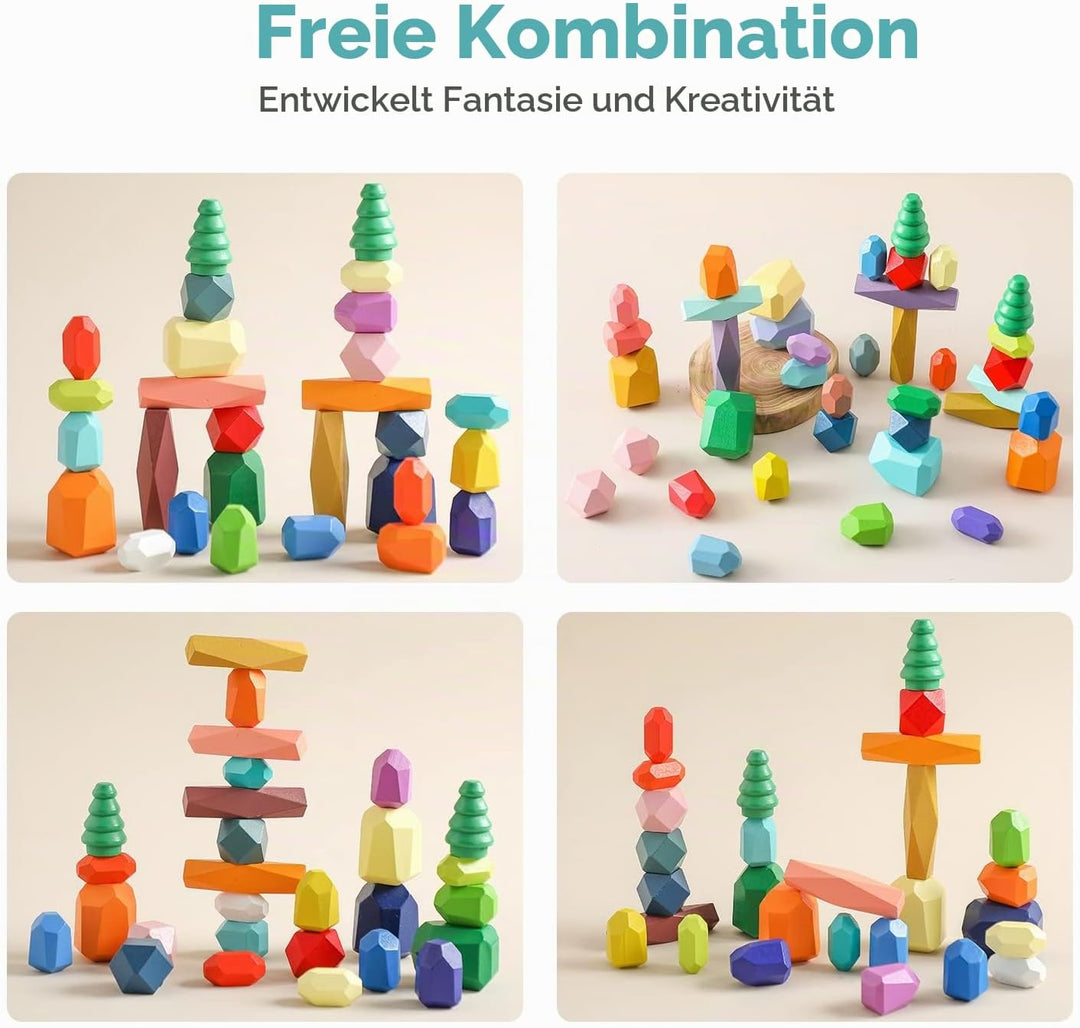 Montessori Holzspielzeug 28 PC Balanciersteine für Kinder,Stapelsteine Bausteine Balance Steine, Hol