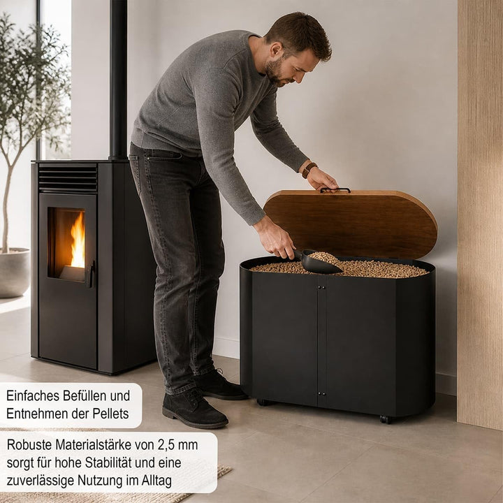 MS Beschläge Design Pelletstruhe mit Nussbaum Holzdeckel Holzkorb Schwarz beschichtet Pelletkorb mit