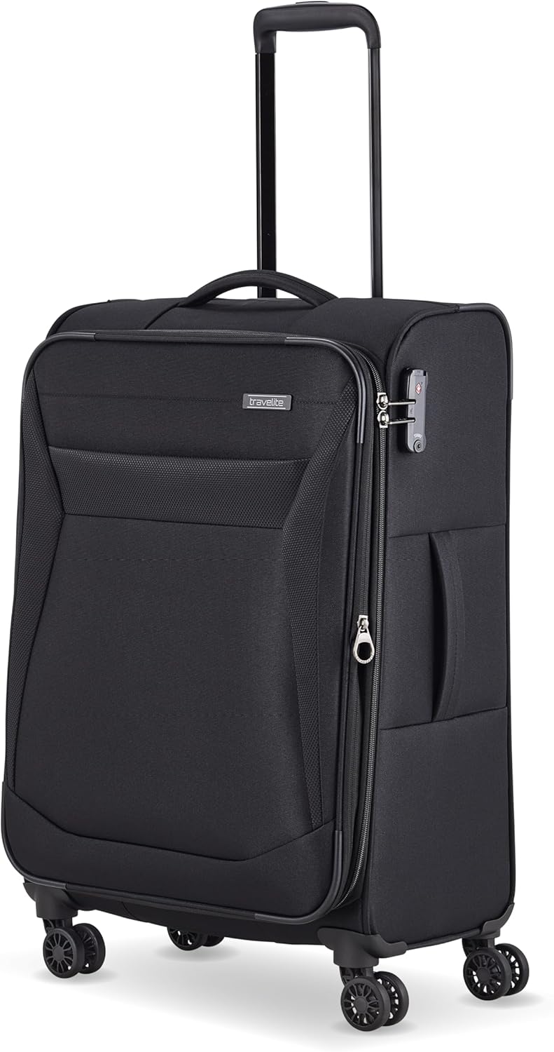 travelite 4-Rad Koffer Grösse M Weichschale, Gepäck Serie CHIOS mit Dehnfalte + Kantenschutz, Trolle