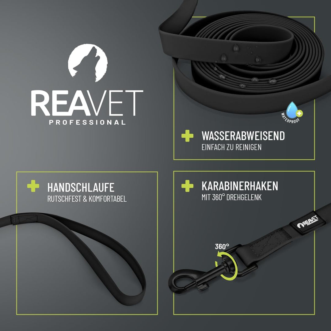 ReaVET Schleppleine für Hunde 10 Meter, Schwarz I Robuste & wasserfeste Hundeleine lang I Übungslein