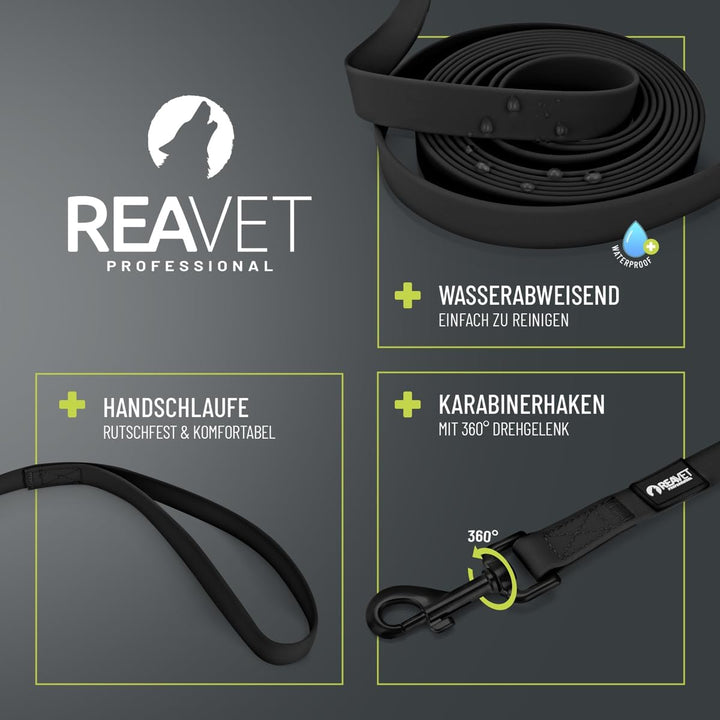 ReaVET Schleppleine für Hunde 10 Meter, Schwarz I Robuste & wasserfeste Hundeleine lang I Übungslein