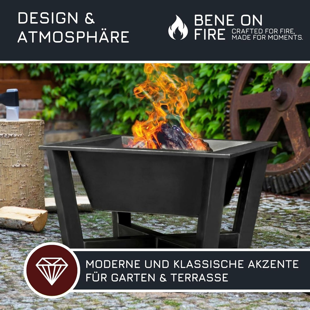 BENE ON FIRE Feuerschale 70x70 cm quadratisch Nevada | Feuerkorb aus robustem Stahl | Grosse Feuerst