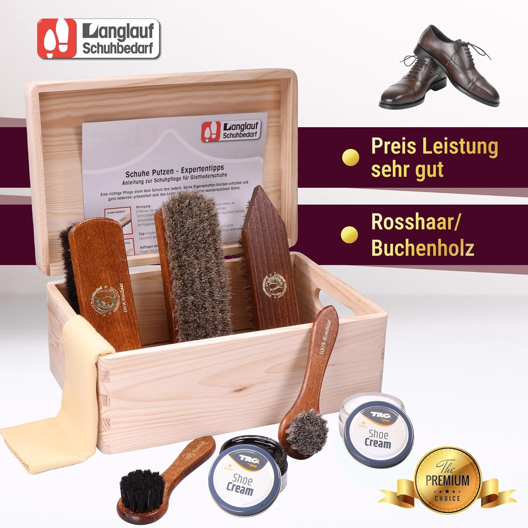 Schuhputzset Leder 9tlg Schuhputzkasten Milano I Rosshaar Schuhbürste -Tiegelbürste und extra weiche