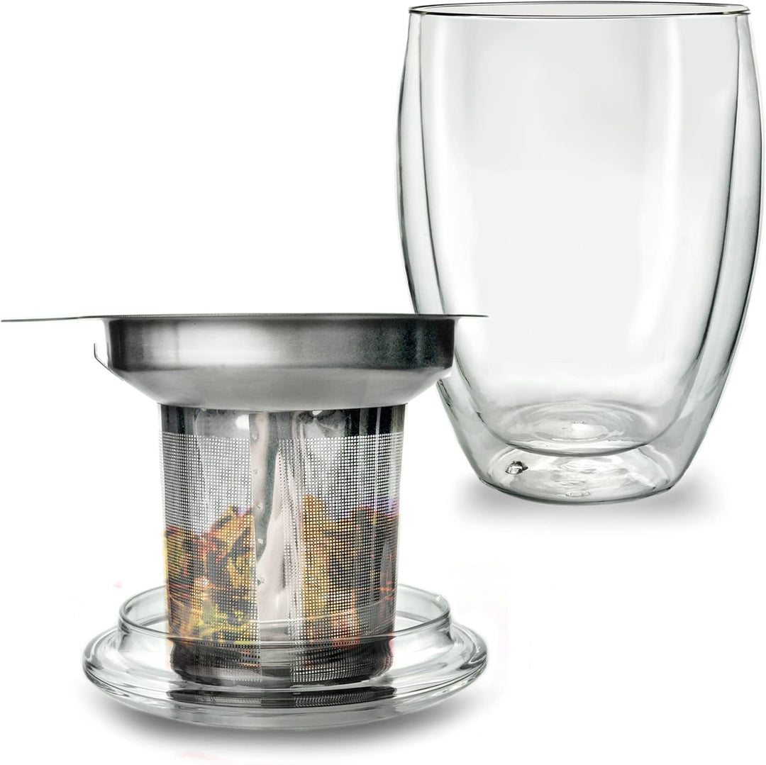 Creano doppelwandiges Teeglas mit Edelstahlfilter und Glasdeckel - 400ml 1x 400ml Doppelwandig, 1x 4