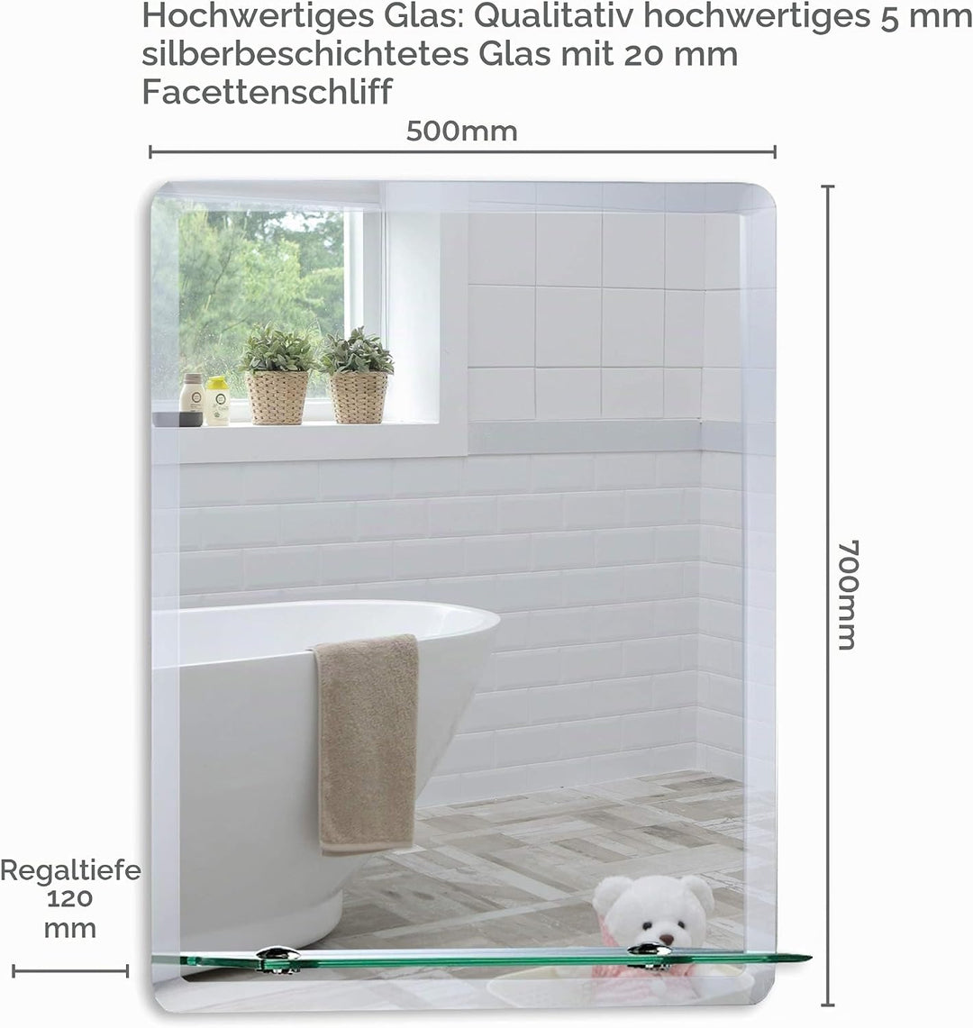 Schöner rechteckiger Badezimmerspiegel mit Ablage, modern und stylish, mit abgerundeten Kanten, Wand