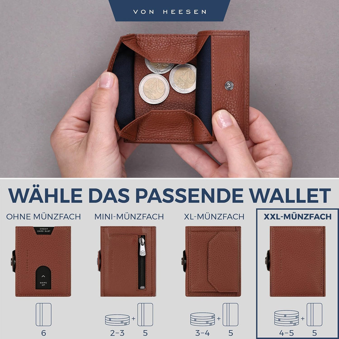 VON HEESEN Slim Wallet mit XXL Münzfach & RFID-Schutz - Leder Geldbeutel - Mini Geldbörse für Herren