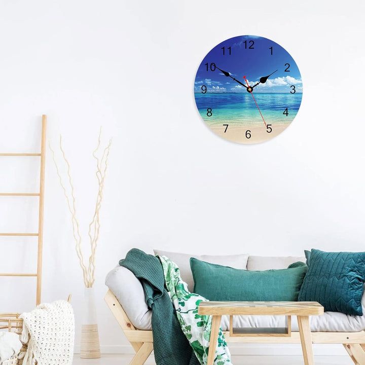 TAHEAT 30 cm Blau Meer Strand Wanduhr, Lautlos Geräuschlos Batteriebetrieben Uhren, Schön Himmel Wol