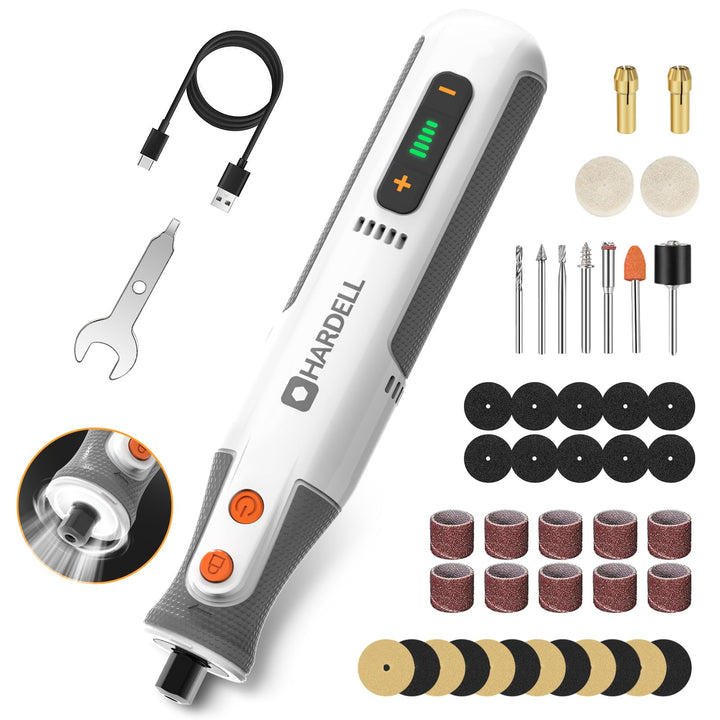 HARDELL Juego de Herramienta Rotatoria Inalámbrica 8V, 65 Accesorios, 5 Velocidades Ajustables, Carg