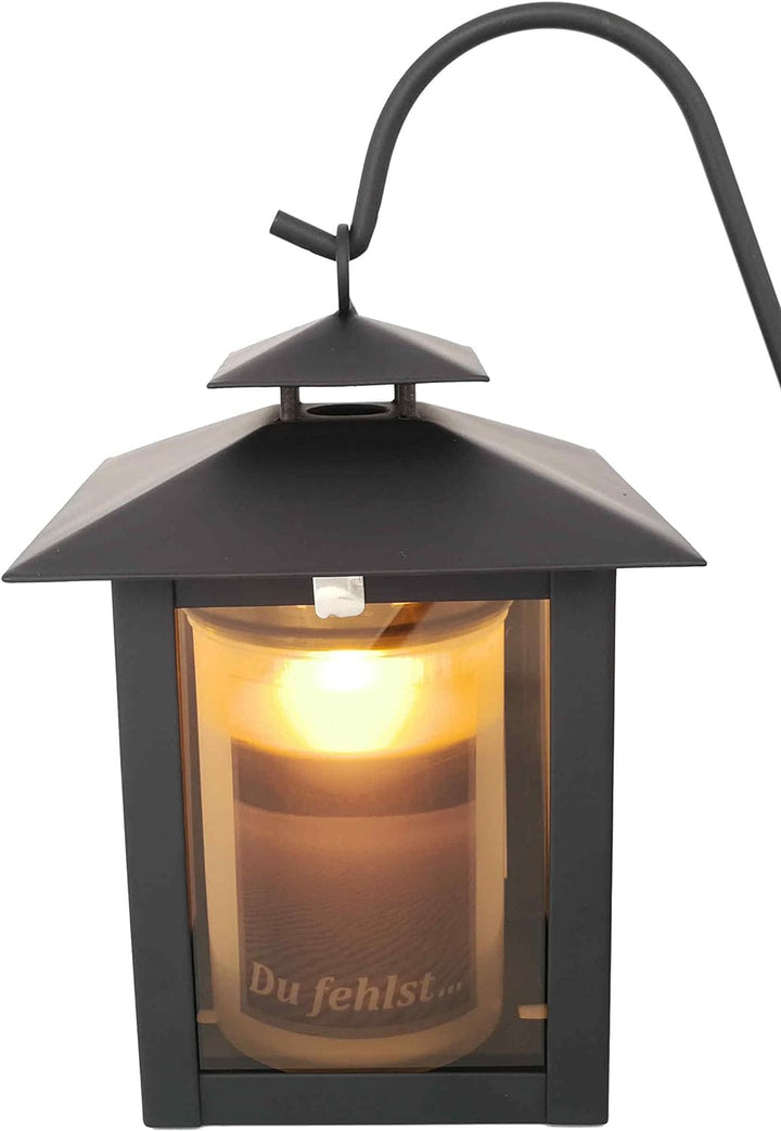 Grablaterne, Grableuchte ideal für Urnengrab aus Stahl, schwarz matt mit Echtglasscheibe inkl. 3 tlg
