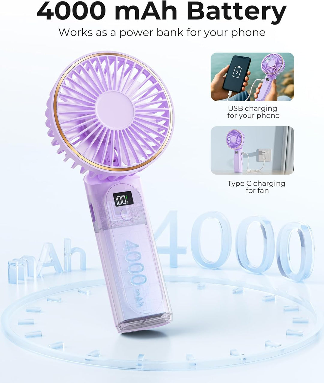 TUNISE Tragbarer Handventilator, Tragbarer Wiederaufladbarer Ventilator, 4000mAh,180° Verstellbar, 6