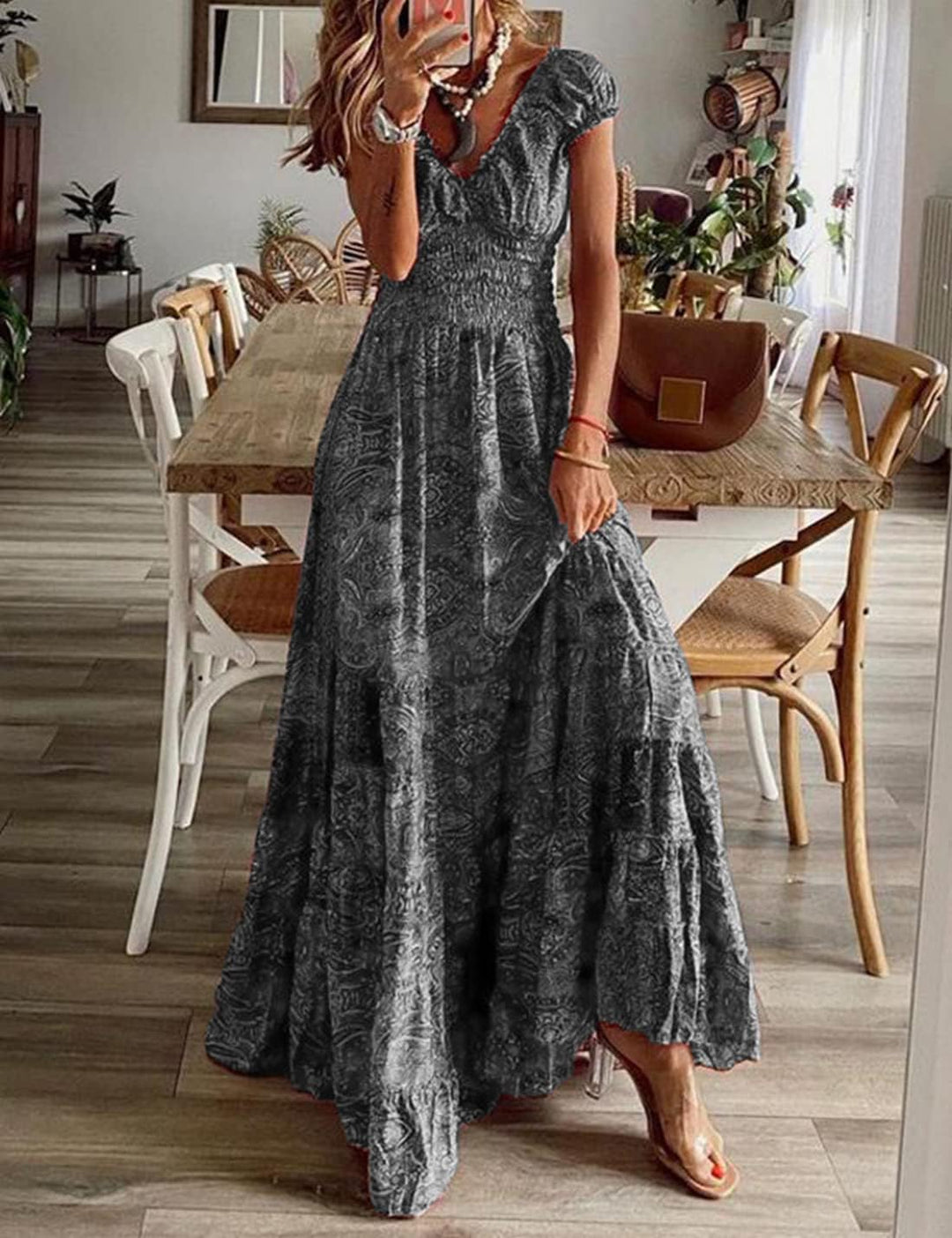 ABYOVRT Sommer Kleider Damen Sommerkleid Boho Lang Kleider Böhmisch Blumen Strandkleid V-Ausschnitt
