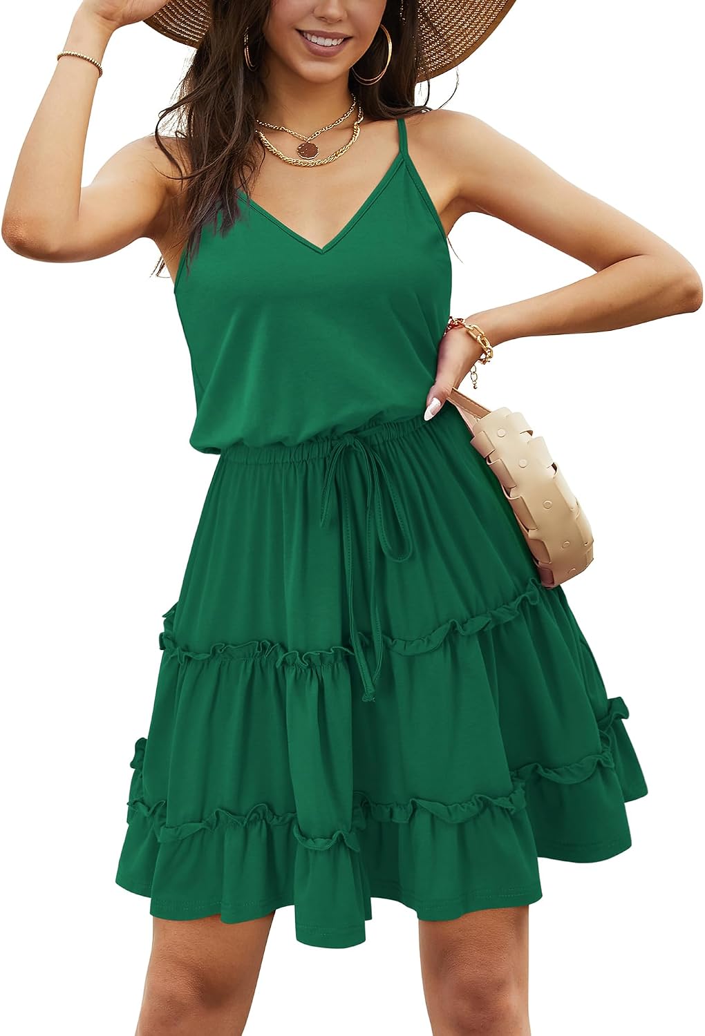 Newshows Sommerkleid Damen Knielang Spaghettiträger Kleid V-Ausschnitt Strandkleider S Dunkelgrün, S