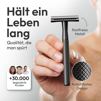 ANYMALE® Rasierhobel Black Edition - Set mit Ständer und 5 ASTRA Klingen - Zero Waste Rasierer für D