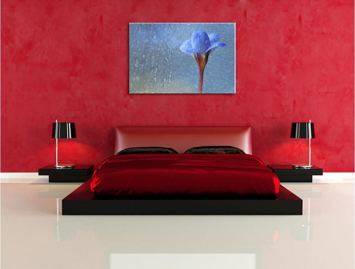 Pixxprint Blaue Frühlingsblume mit Tautropfen Kunst Buntstift Effekt, Format: 100x70 auf Leinwand, X