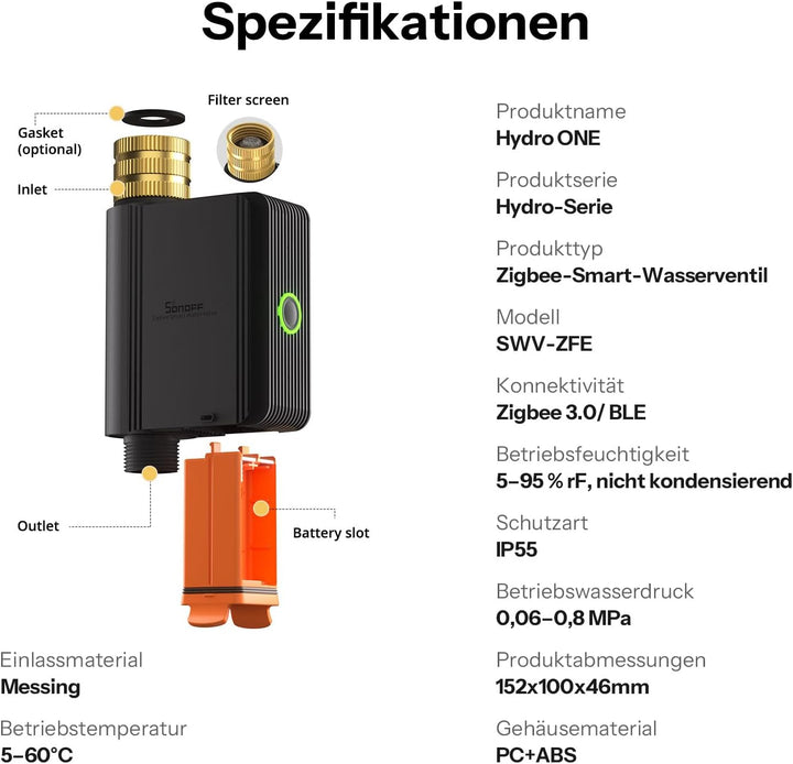 SONOFF SWV-ZFE Hydro ONE Zigbee Bewässerungscomputer mit Wasserzähler, Messinganschluss, wetterangep