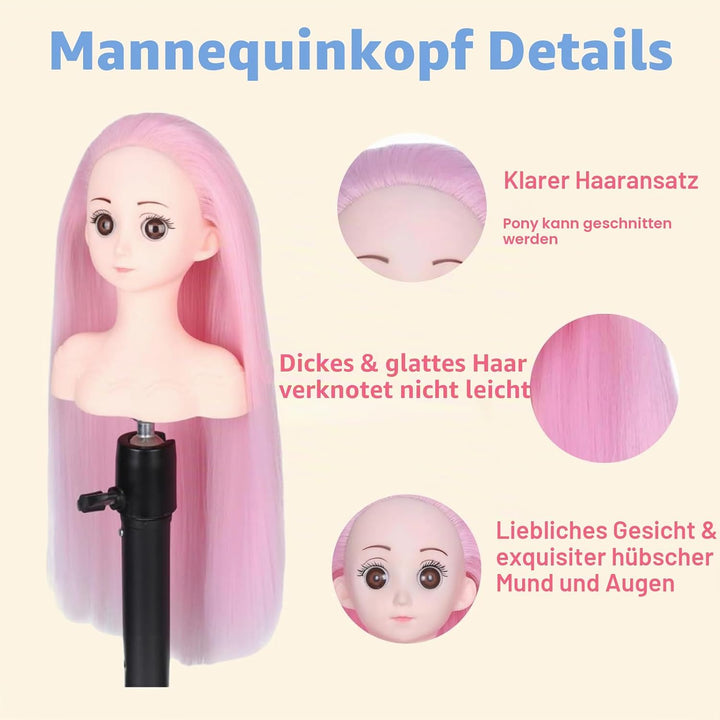Mannequin-Kopf für Kinder mit synthetischem glattem Haar, Puppenkopf zum Üben von Flechten (Rosa)