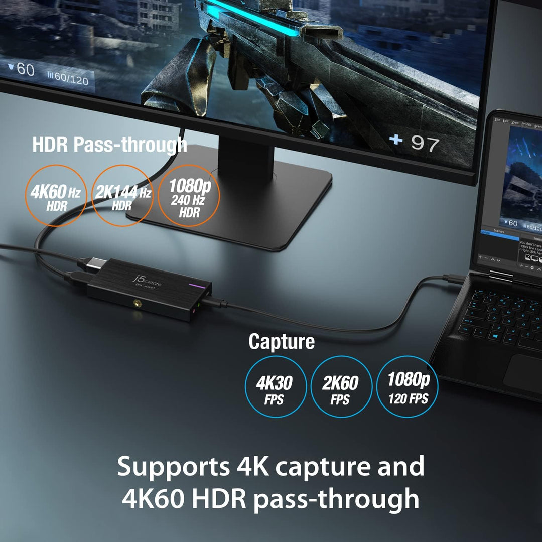 j5create 4K Game Video Capture Card mit PD 60W Pass-Through Charging, Streaming und Aufnahme von 4K