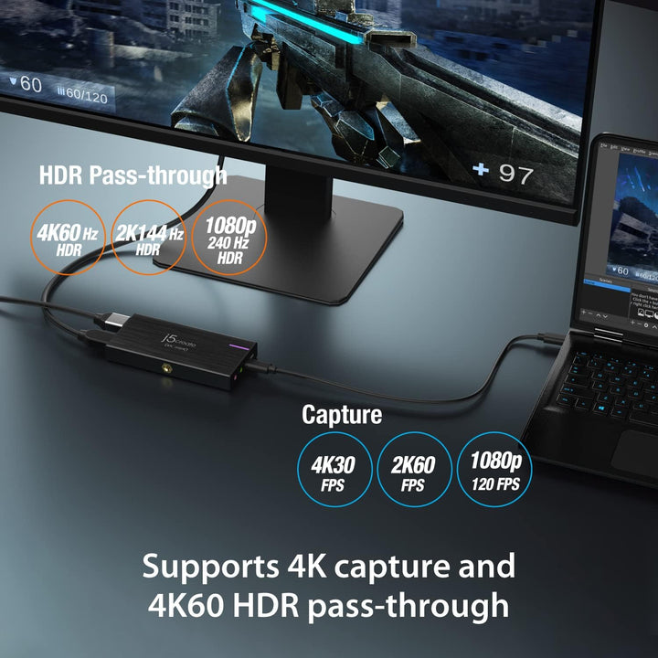 j5create 4K Game Video Capture Card mit PD 60W Pass-Through Charging, Streaming und Aufnahme von 4K