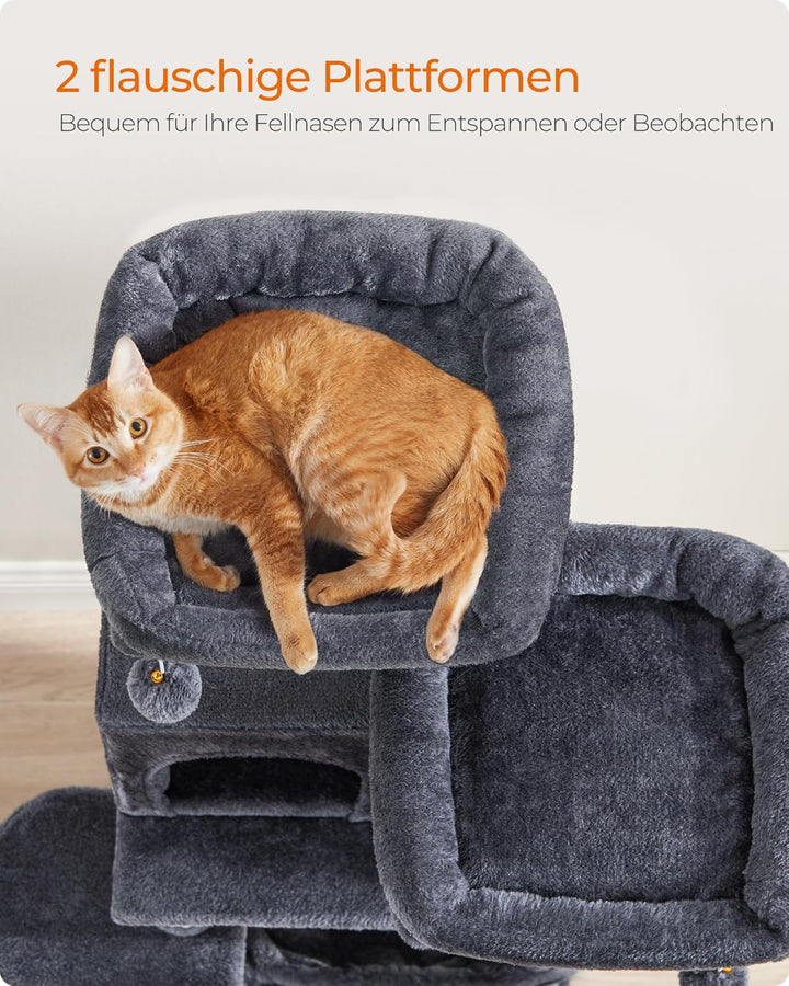 Feandrea Kratzbaum, 112 cm hoch, Katzenbaum mit 11 Kratzsäulen, 2 Plattformen, 1 Katzenhöhle, 1 Häng