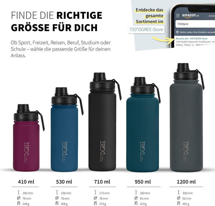 720°DGREE Edelstahl Trinkflasche “noLimit” – 1200ml - Auslaufsicher, Kohlensäure geeignet, BPA-Frei