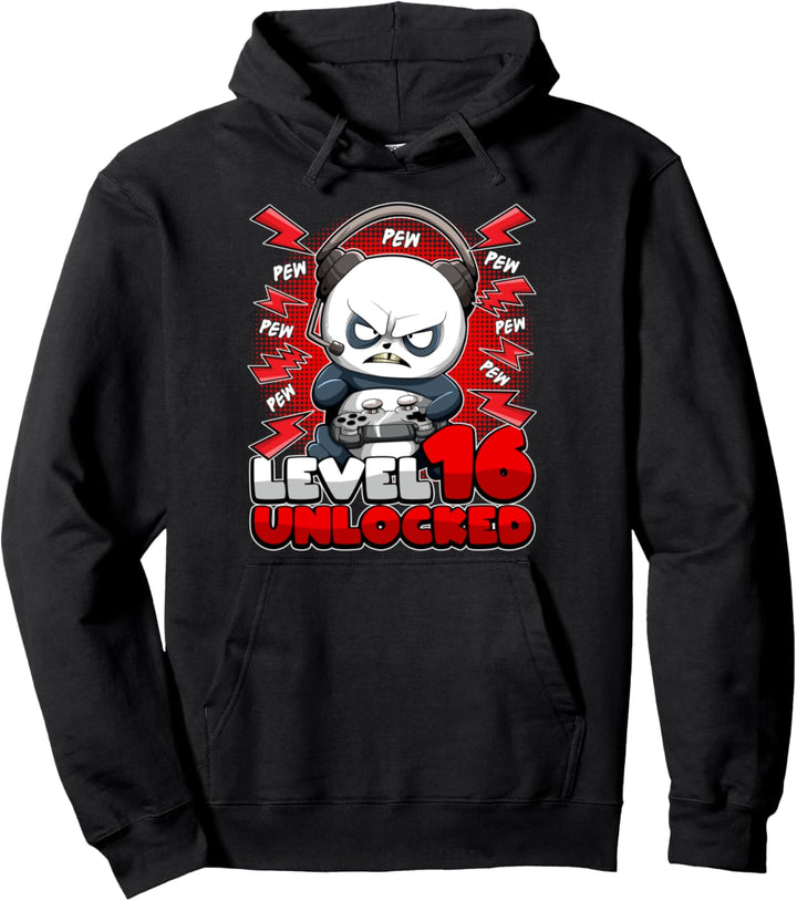 Gamer Panda Level 16 Unlocked Gaming Pew Pew Pew Pullover Hoodie