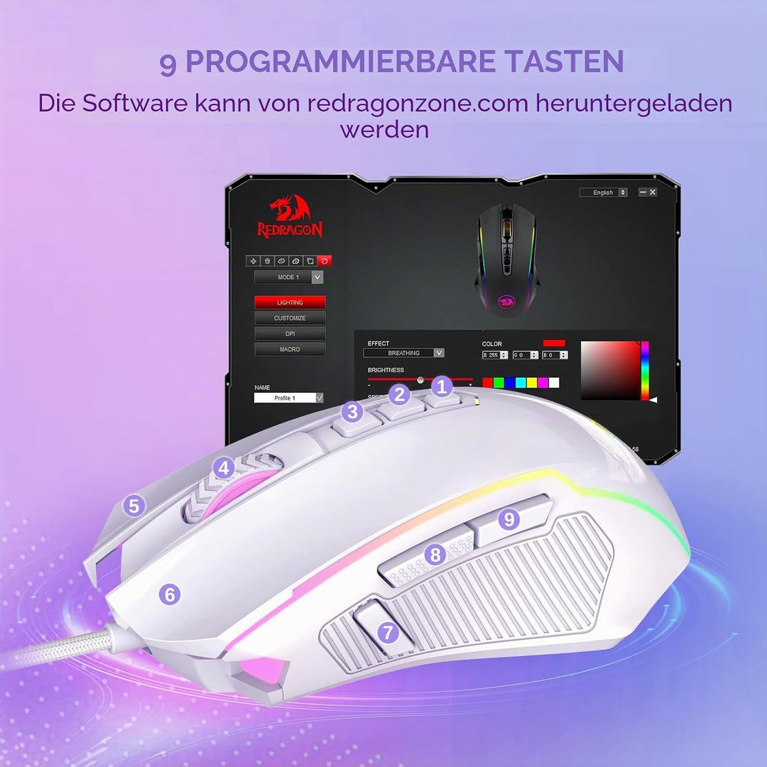 Redragon Gaming Maus, Gaming Mouse mit RGB und Einstellbar 8000 DPI, Maus mit 9 programmierbare Tast