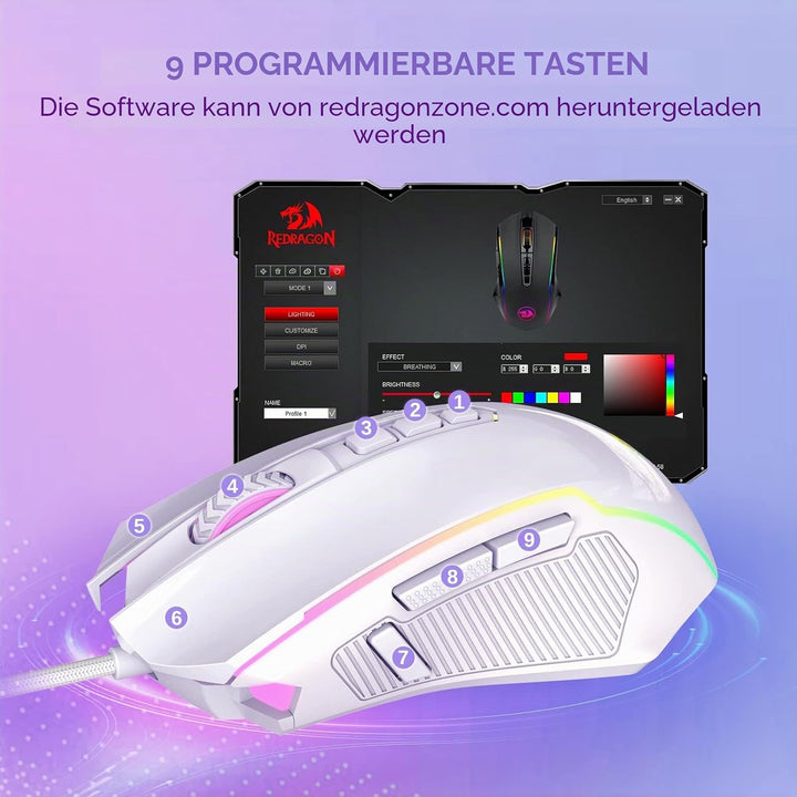 Redragon Gaming Maus, Gaming Mouse mit RGB und Einstellbar 8000 DPI, Maus mit 9 programmierbare Tast