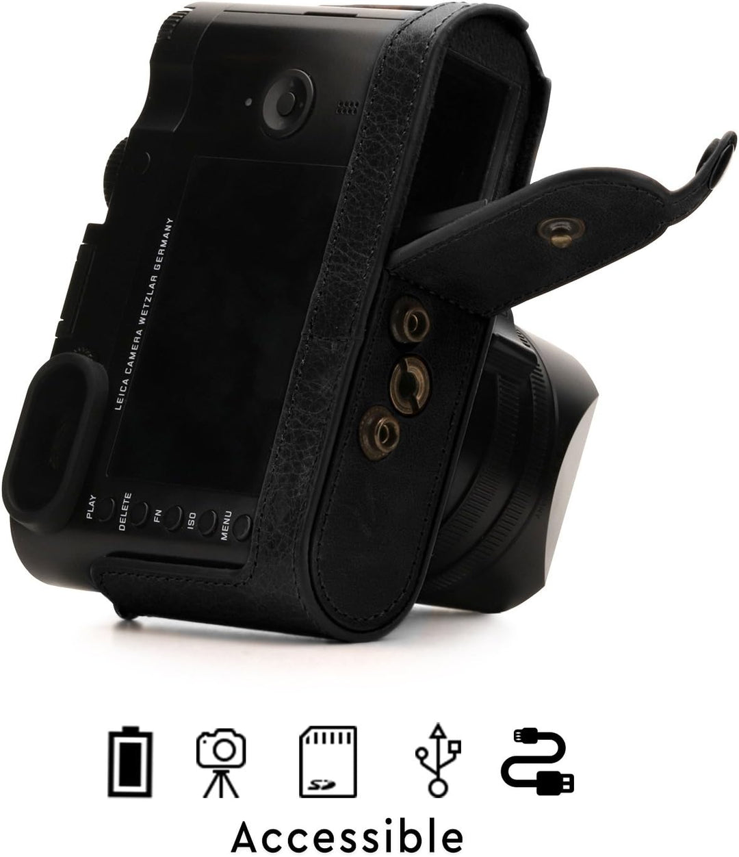 MegaGear MG1402 Leica Q-P, Q (Typ 116) Ever Ready Echtleder Kamera-Case mit Trageriemen - Schwarz, S