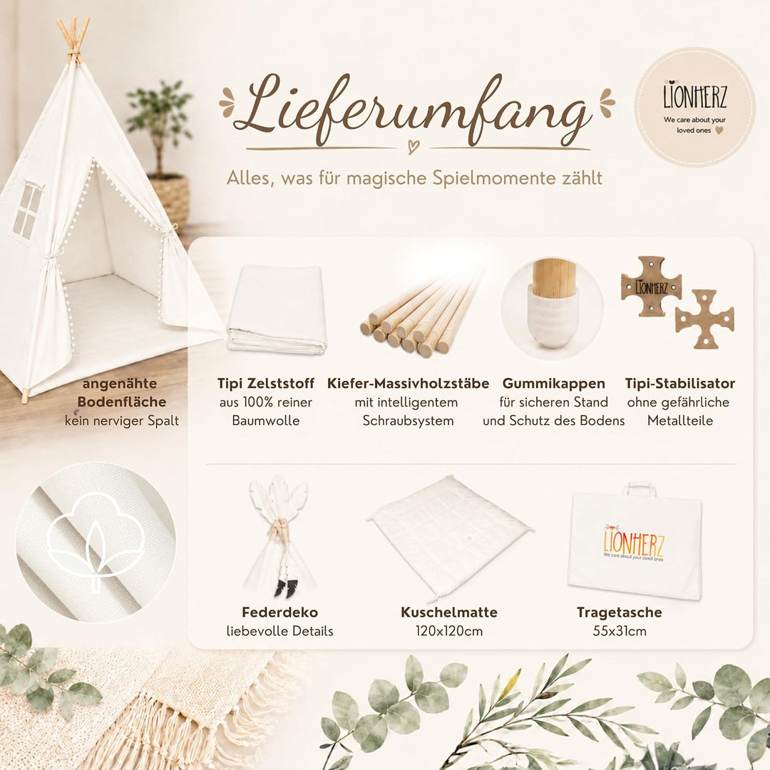 LIONHERZ® DAS ORIGINAL Tipi Zelt für Kinder aus 100% Baumwolle mit Federdeko, Kuschelmatte, Tragetas