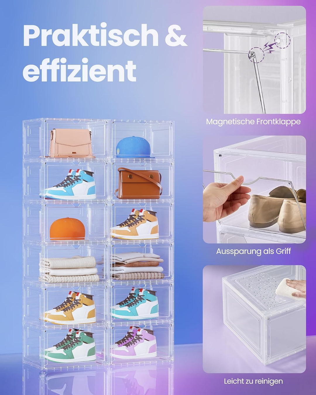 SONGMICS Schuhboxen 6er Set, Schuh-Organizer durchsichtig, aus Kunststoff, mit Tür, stapelbar, 33 x