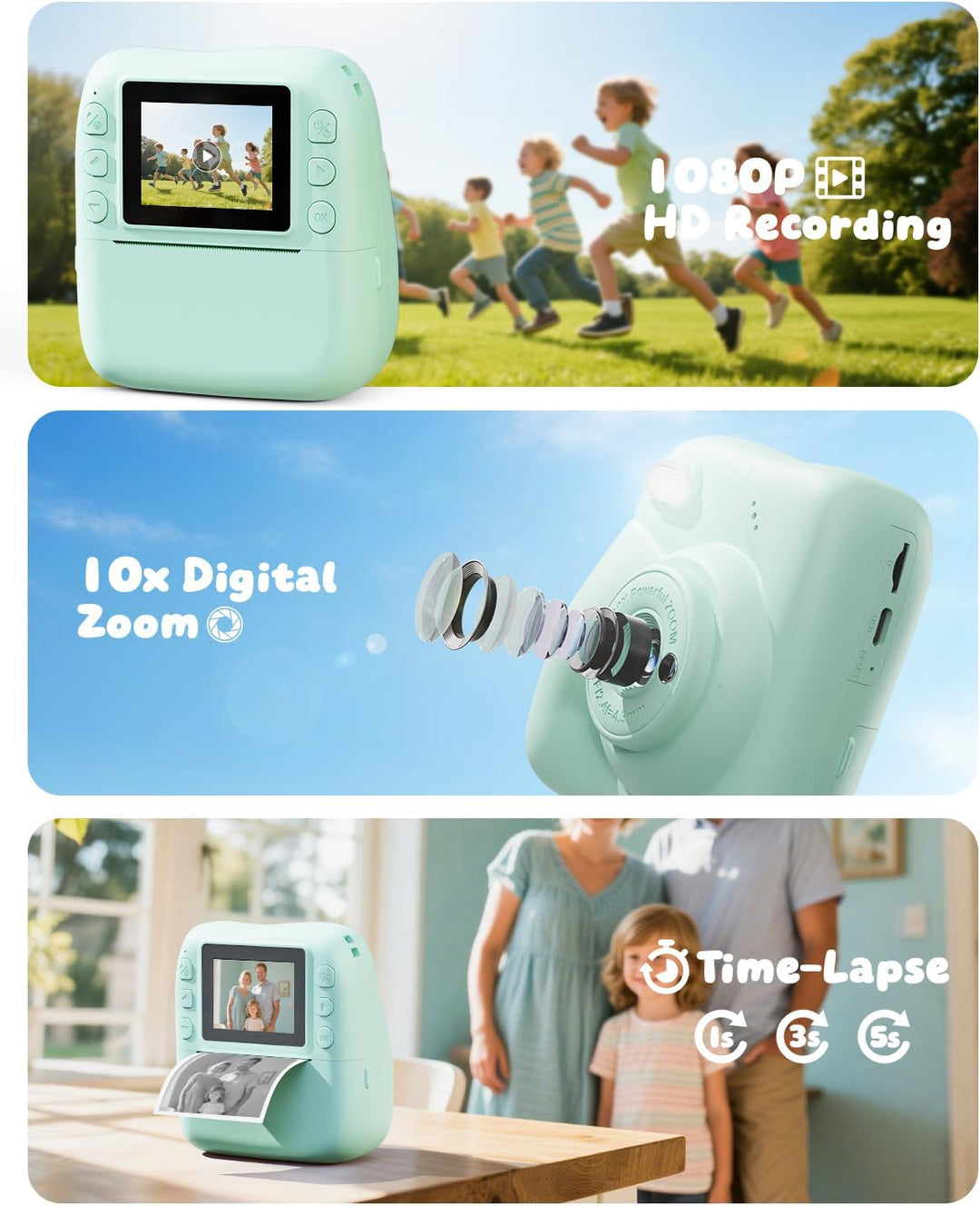 CAMCLID Kinderkamera Sofortbildkamera, 1080P Sofortbildkamera Kinder mit 32GB Karte & 3 Rollen Druck