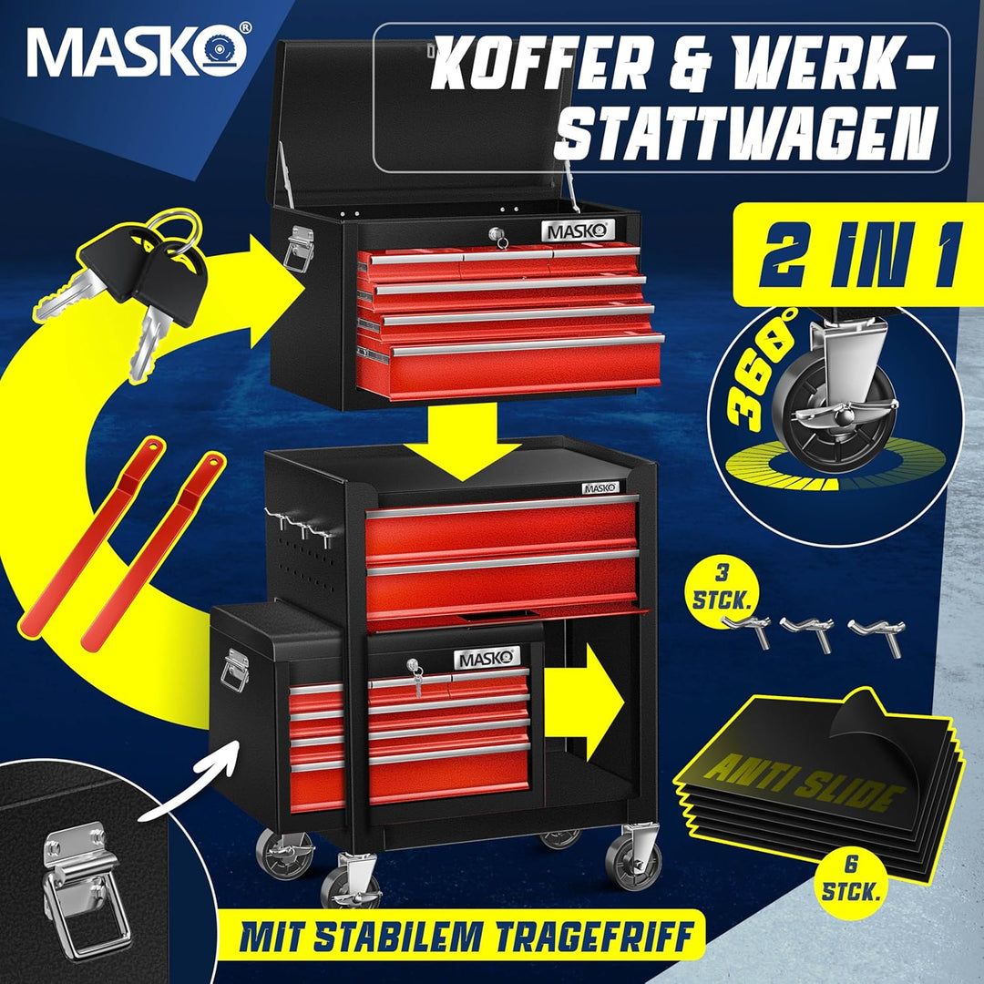 MASKO® Werkstattwagen inkl. Koffer - 9 Fächer Abschliessbar | Massives Metall | Mobiler Werkzeug-Wag