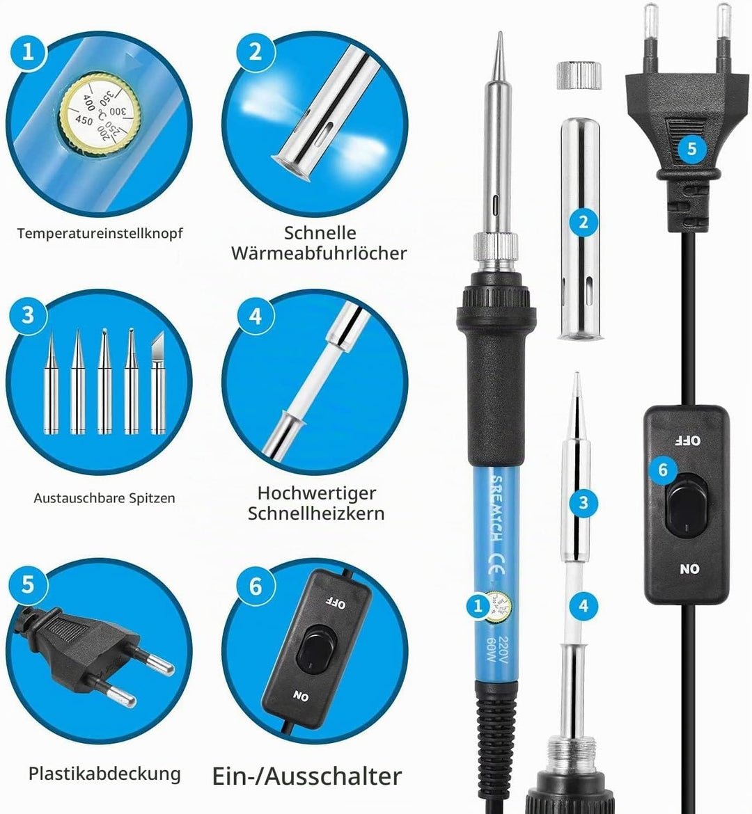SREMTCH Lötkolben Set, 60W 220V Lötkolben mit Ein/Aus Schalter Einstellbarer Temperatur(200-450℃), 5