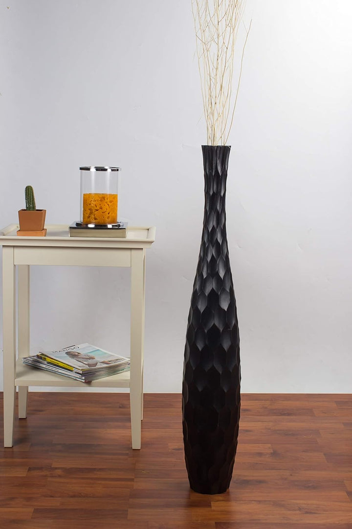 Leewadee Grosse Bodenvase für Dekozweige hohe Standvase Design Holzvase, Holz, 90 cm, Schwarz 90 cm