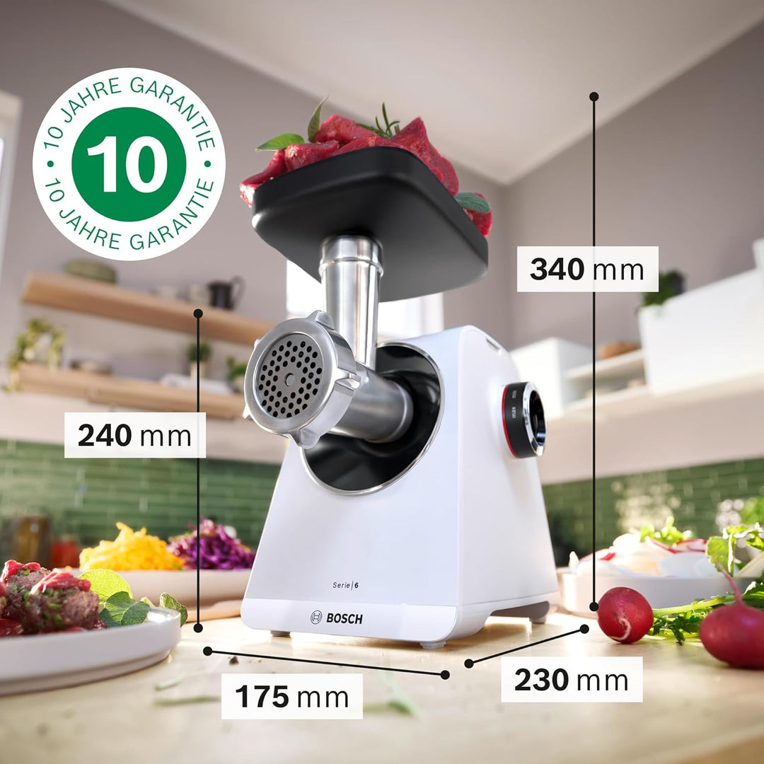 Bosch MultiPower Serie 6 Fleischwolf MFWS607W, 2 Lochscheiben (4,5 und 8 mm), Edelstahl, spülmaschin