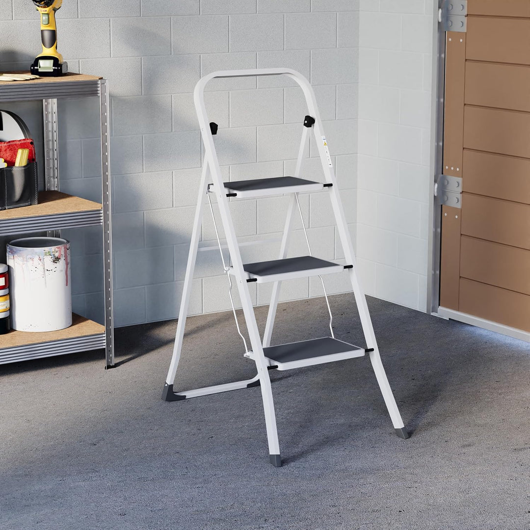 Home Vida Leiter mit 3 Stufen, Stahl, tragbar, klappbar, robust, 3 Stufen