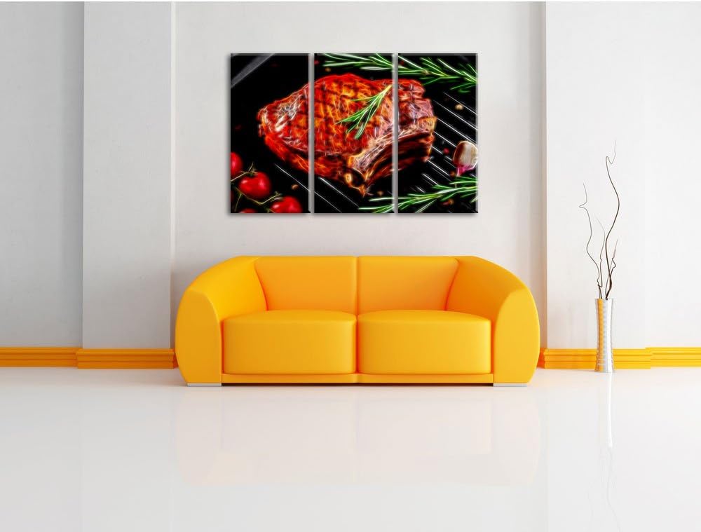 Pixxprint Steak mit Rosmarien garniert als Leinwandbild/Grösse: 3 Teilig (120x80) cm/Wandbild/Kunstd