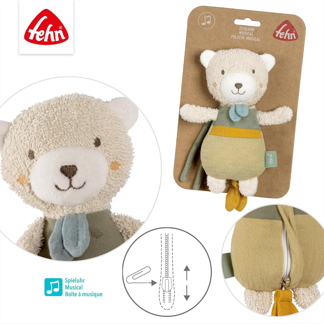 Fehn Mini-Spieluhr Bär fehnNATUR - Kuscheltier & Einschlafhilfe mit Baumwolle (kbA) - beruhigende Me