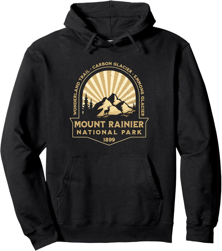 Mount Rainer National Park Retro Sunburst Pullover Hoodie