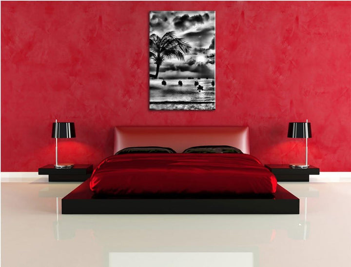 Pixxprint Monocrome, Palmen an Traumstrand, Format: 100x70 auf Leinwand, 100x70